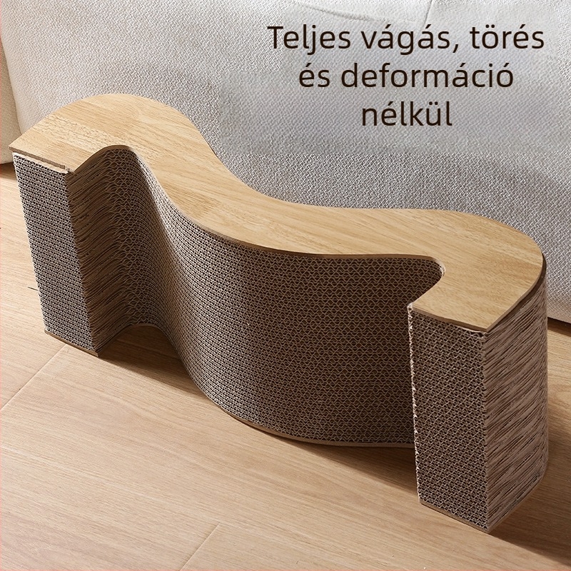 Nagy méretű macska karmoló deszka hullámkartonból, integrált fekhellyel, strapabíró és nem hullik a szálak