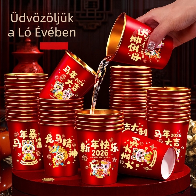 Új év 2026 – A ló éve: papírpohár aranyfóliával, egyszer használatos, piros, 201–300 ml