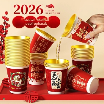 2026 A ló éve: Egyszer használatos papírcsészék forró italokhoz, vastagított élelmiszer-minőségű poharak, háztartási használatra, vörös, doboz 50 darab