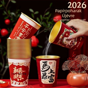 2026 A ló éve: Egyszer használatos papírcsészék forró italokhoz, vastagított élelmiszer-minőségű poharak, háztartási használatra, vörös, doboz 50 darab