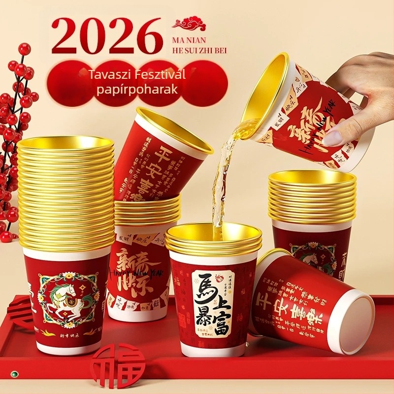 2026 A ló éve: Egyszer használatos papírcsészék forró italokhoz, vastagított élelmiszer-minőségű poharak, háztartási használatra, vörös, doboz 50 darab