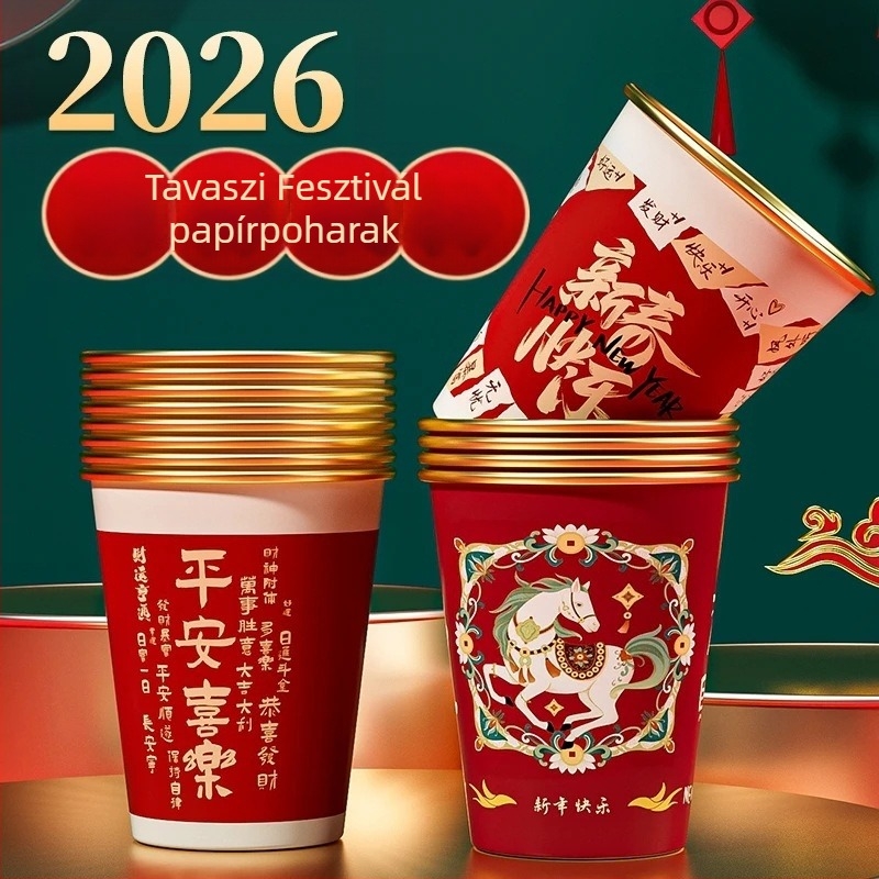 2026 A ló éve: Egyszer használatos papírcsészék forró italokhoz, vastagított élelmiszer-minőségű poharak, háztartási használatra, vörös, doboz 50 darab