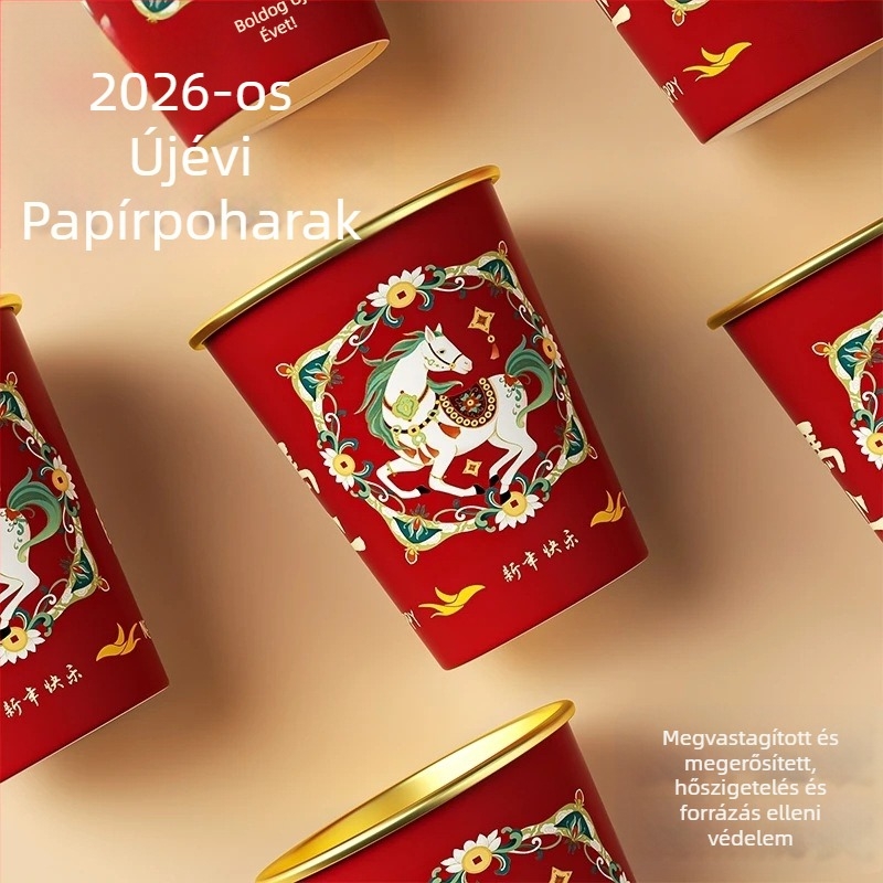 2026 A ló éve: Egyszer használatos papírcsészék forró italokhoz, vastagított élelmiszer-minőségű poharak, háztartási használatra, vörös, doboz 50 darab
