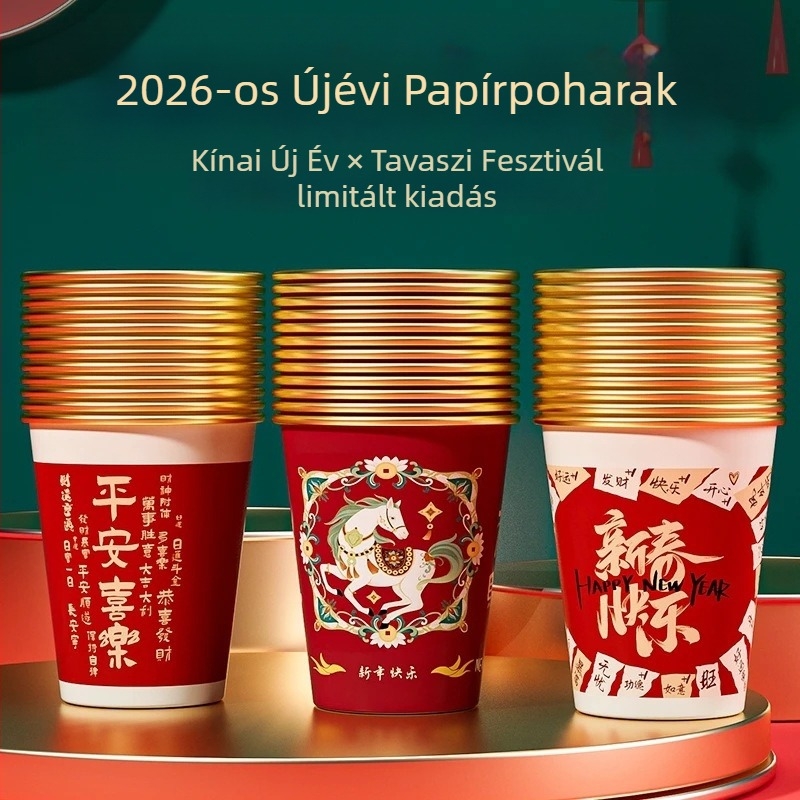 2026 A ló éve: Egyszer használatos papírcsészék forró italokhoz, vastagított élelmiszer-minőségű poharak, háztartási használatra, vörös, doboz 50 darab