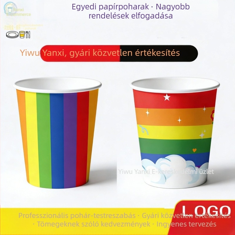 Színes egyszer használatos papír poharak piknikre és parti dekorációhoz, rainbow mintázat
