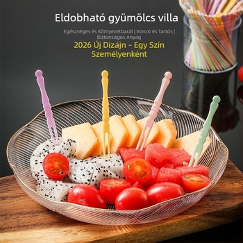 Egyszer használatos gyümölcsvillák, átlátszó, vastag műanyagból, gyümölcsnyársak és torta-desszerthez való eszközök, otthoni bambusz-stílusú villák