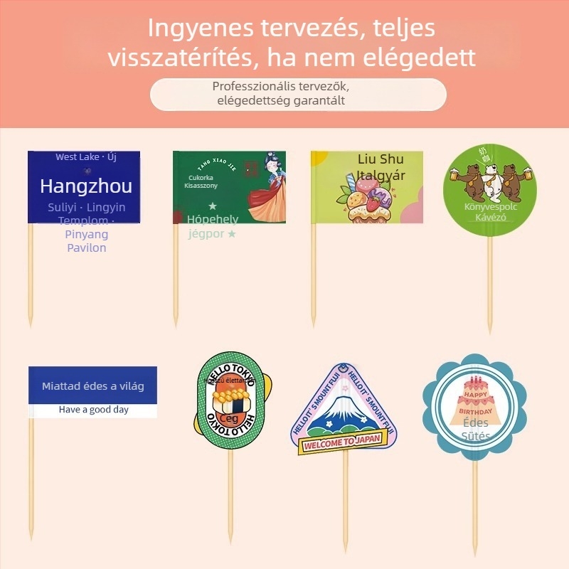 Személyre szabott fogpiszkáló zászlók ételekhez, hamburgerekhez, tortákhoz és desszertekhez