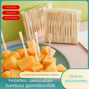 Bambusz egyszer használatos gyümölcs villa otthoni használatra, torta- és desszertvilla, egyenként csomagolva