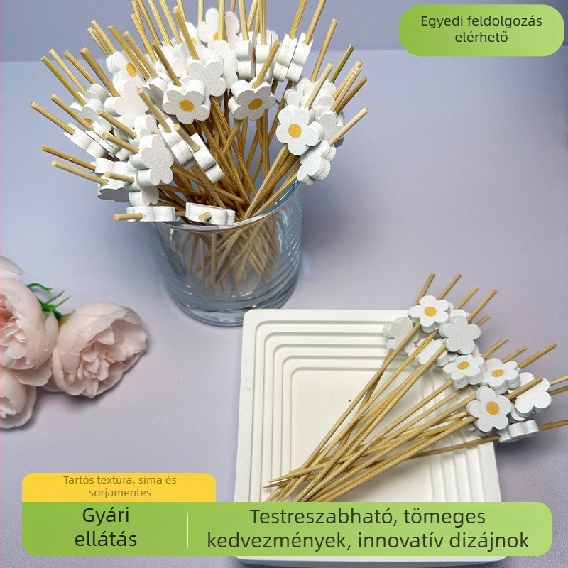 Egyszer használatos bambusz gyümölcsnyárs margaréta alakú, dekoratív, 12 cm hosszú