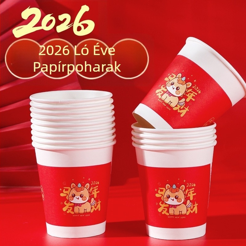 2026 A ló éve – piros egyszer használatos papír poharak háztartási használatra, vastagabb teás poharak Újév