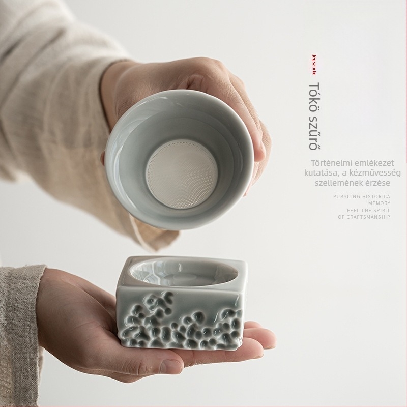 Teljes porcelánból készített integrált teafilter, japán stílusú, jégszürke máz, tókő mintával, fehér porcelán