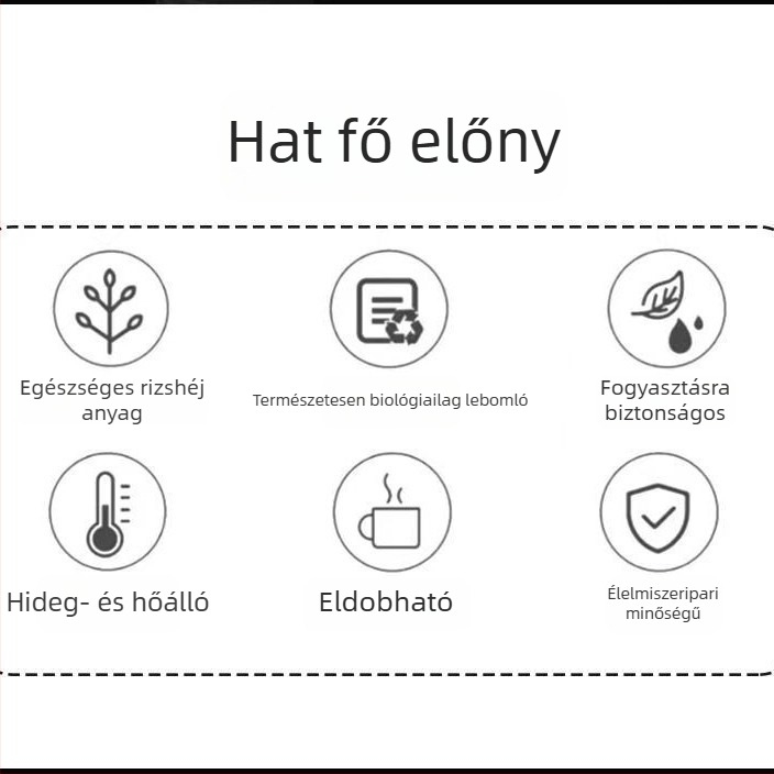 Rizshéjból készült egyszer használatos poharak, biológiailag lebomló, vastagított falú, hőálló, kávéhoz és szójatejhez, 101–200 ml