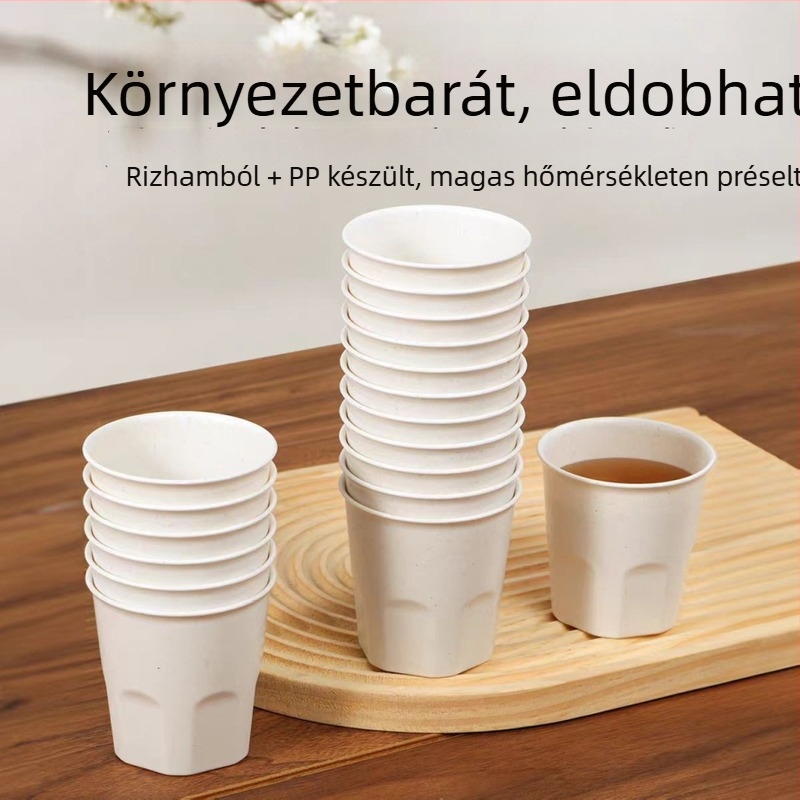 Rizshéjból készült egyszer használatos poharak, biológiailag lebomló, vastagított falú, hőálló, kávéhoz és szójatejhez, 101–200 ml