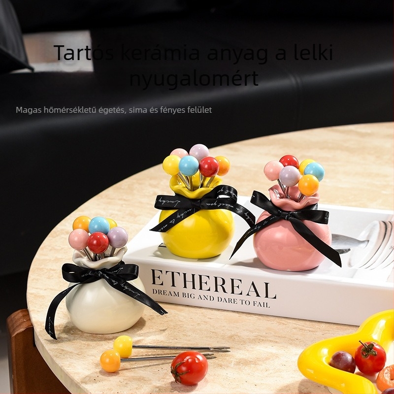 Otthoni rozsdamentes acél gyümölcsvillák és prémium desszertvillák készlet, aranyos gyümölcsnyársak, kerámiás tárolóedények