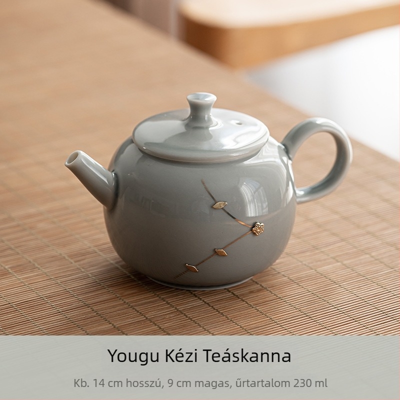 Kézben tartható kerámia teáskanna, japán stílusú, jégszürke glazúrral, teafilterrel, kis teáskanna