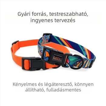 Állítható poliészter nyakörv állatok számára, névtáblával és tartós D-alakú csattal