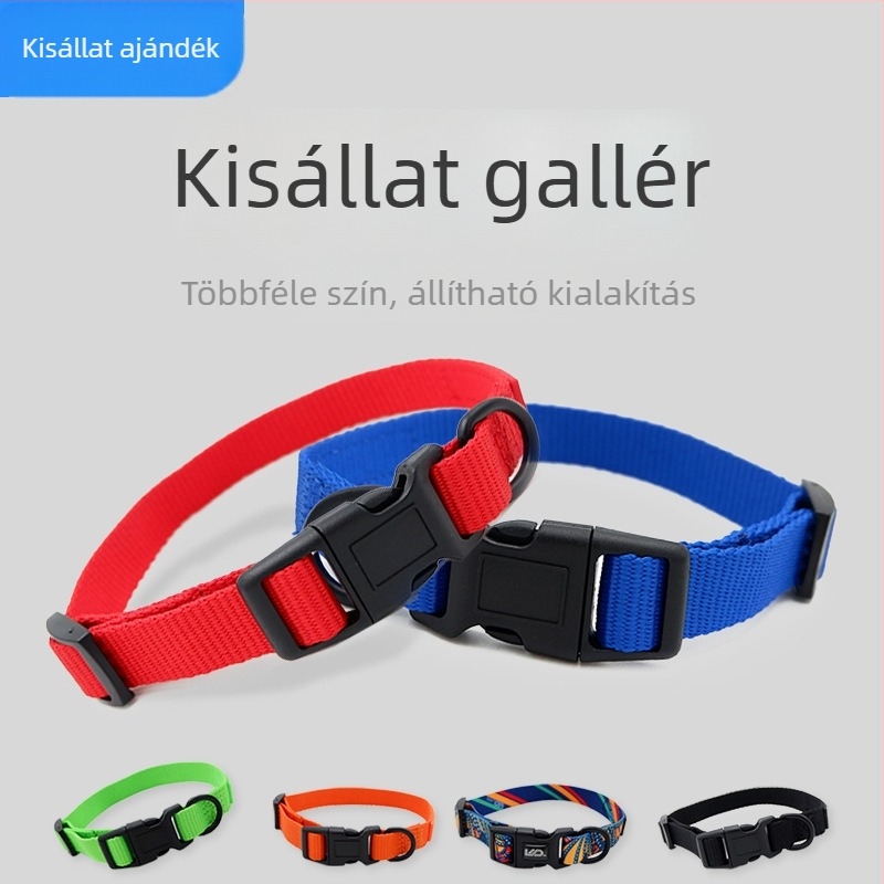 Állítható poliészter nyakörv állatok számára, névtáblával és tartós D-alakú csattal