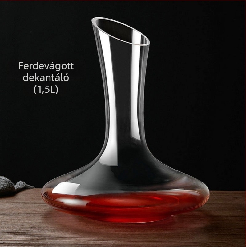 Döntött szájú kristály dekanter vörösborhoz, 1500 ml, kézzel készített üveg