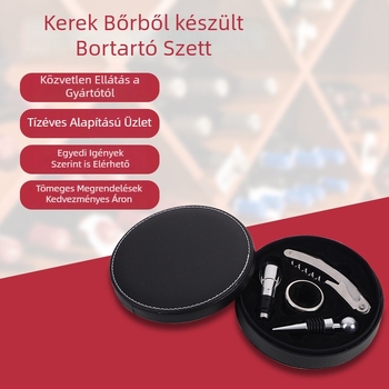 Kör alakú bőr doboz bornyitó készlet – négy részes boros kiegészítők: nyitó, töltő (öntő), dugó és borgyűrű a díszdobozban