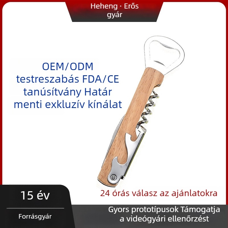 Rozsdamentes acélból készült üveg- és borrnyitó fa fogantyúval, hordozható, multifunkcionális összecsukható nyitó