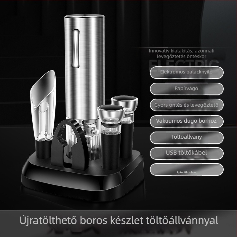 Hat egyben elektromos bornyitó állvánnyal, újratölthető, teljesen automata, ajándékdobozos készlet