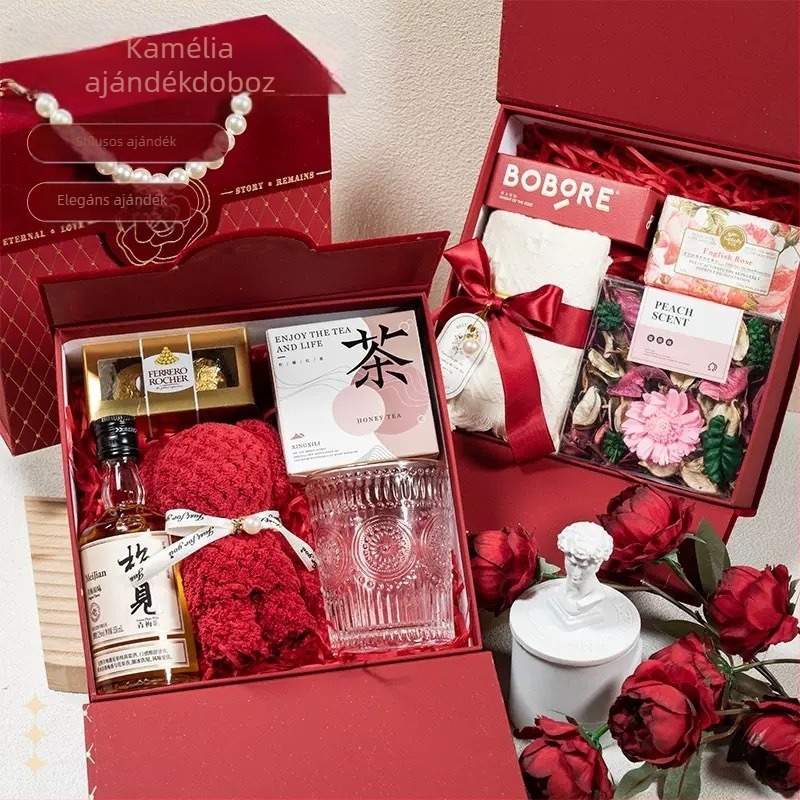 Camellia ajándékdoboz - üres, hordozható bonbon-doboz bronzozott hálóval esküvői csomagoláshoz