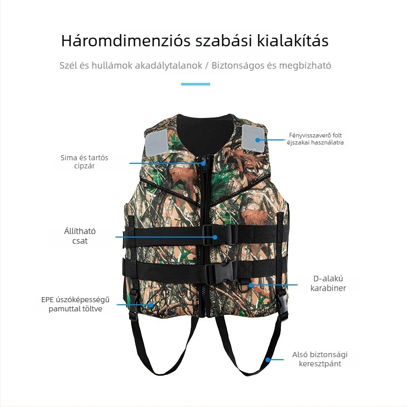 Dzsungel mintázatú mentőmellény, nagy felhajtóerővel és ütésvédővel, alkalmas snorkelzéshez, horgászathoz, vízisportokhoz, motorcsónakázáshoz, raftinghoz, vitorláshoz és keresés‑és‑mentés célokra