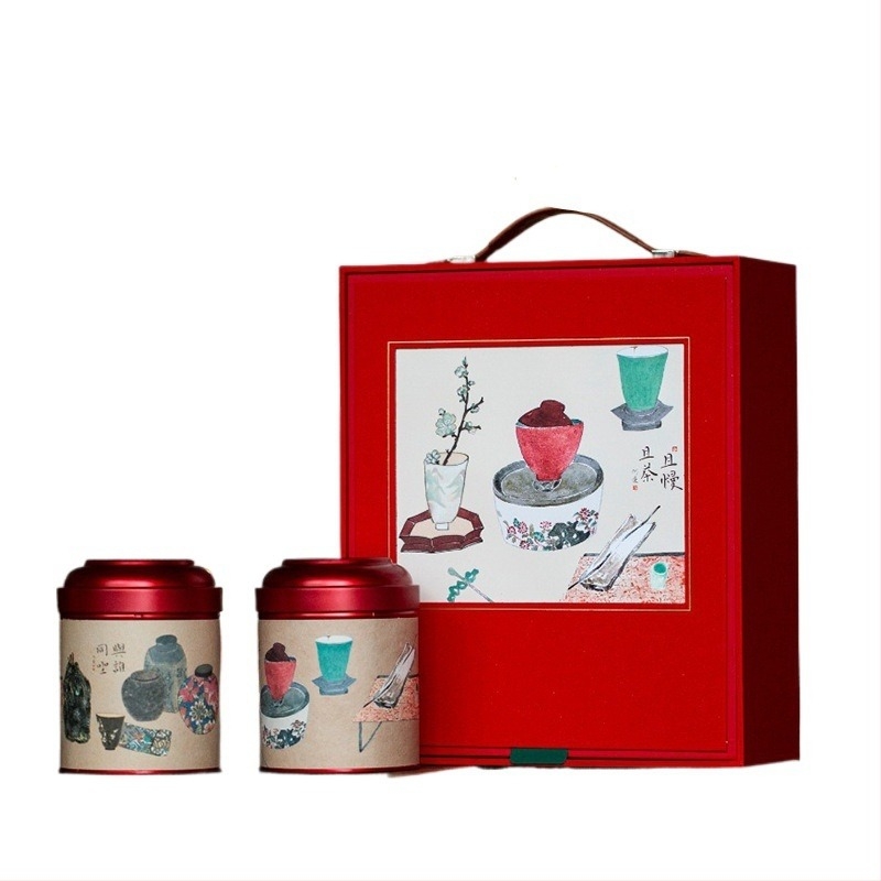 Üres teajándékdoboz, három teafajtával, keleti-ázsiai ihletésű dizájn, 250 g, dupla kerek fémdoboz
