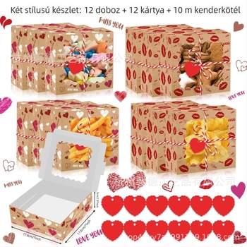HZ041 XOXO Valentin-nap ajándék doboz cukorkák átlátszó ablakkal, bőrhatású papírból
