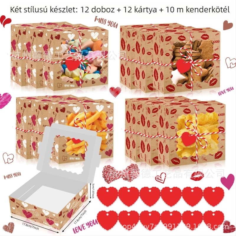 HZ041 XOXO Valentin-nap ajándék doboz cukorkák átlátszó ablakkal, bőrhatású papírból