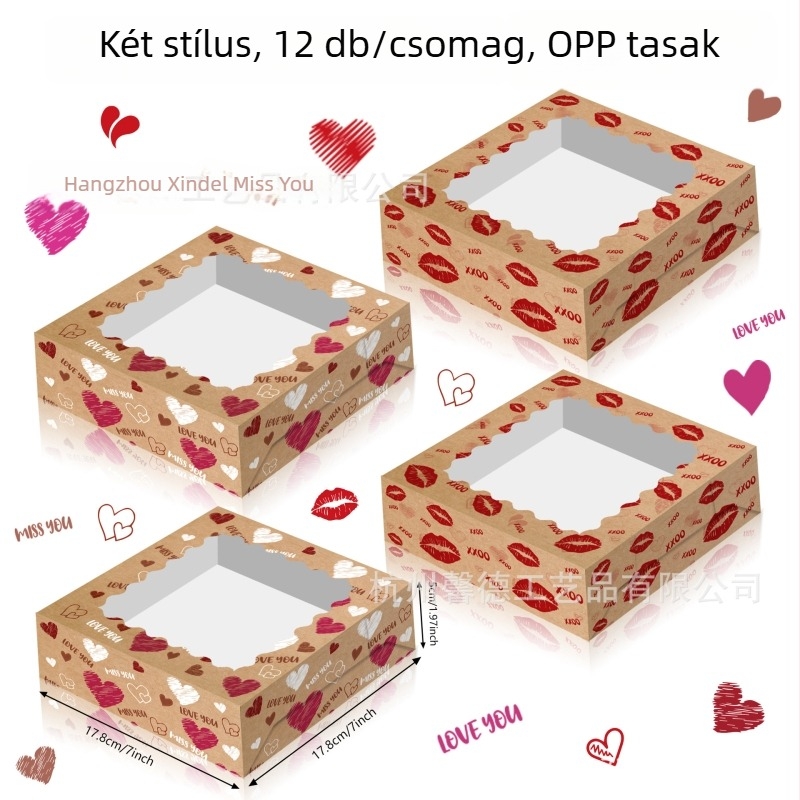 HZ041 XOXO Valentin-nap ajándék doboz cukorkák átlátszó ablakkal, bőrhatású papírból