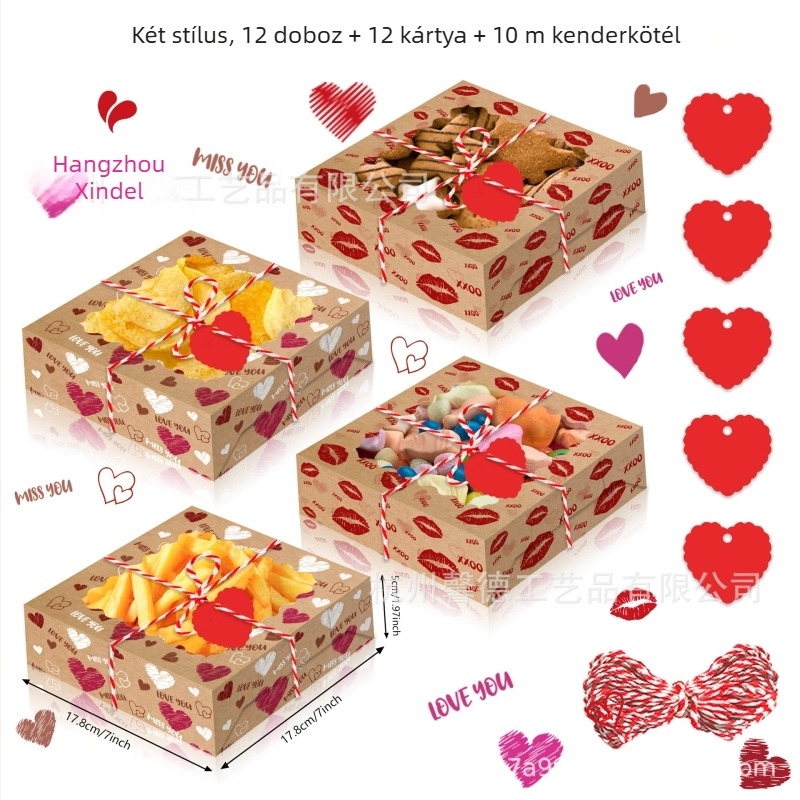 HZ041 XOXO Valentin-nap ajándék doboz cukorkák átlátszó ablakkal, bőrhatású papírból