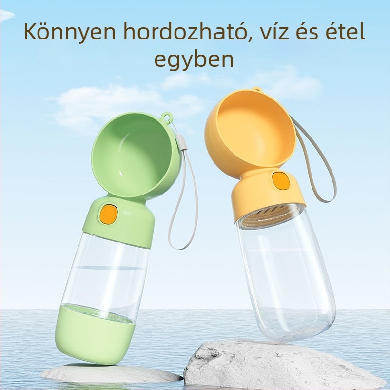 Állatbarát utazó vízpalack kutyáknak, beépített víz- és élelemrendszerrel, hordozható mindent egyben tál