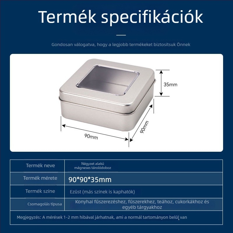 Négyzet alakú mágneses fémdoboz konyhai tároláshoz – cukorka, tea, szárított gyümölcsök