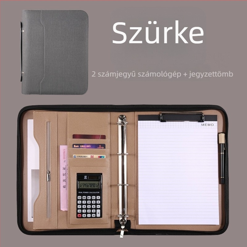 Bőr A4 méretű, többfunkciós irattartó-mappa irodai dokumentumokhoz és szerződésekhez, 4-gyűrűs