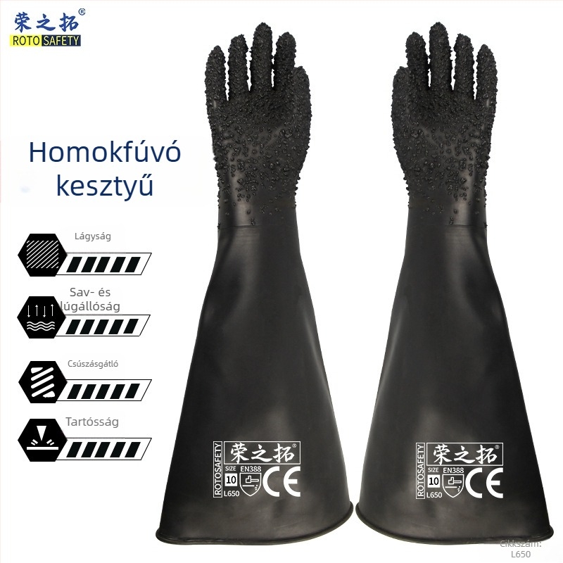Rongzhituo L650S védőkesztyűk természetes kaucsukból homokfúvó géphez — csúszásmentes, kopásálló, nagy nyomásállóságú, megerősített
