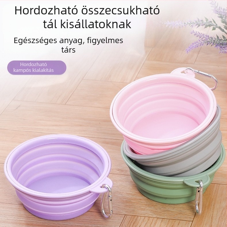 Szilikon összecsukható víz- és etetőtál háziállatoknak – kültéri használatra, pasztell színek