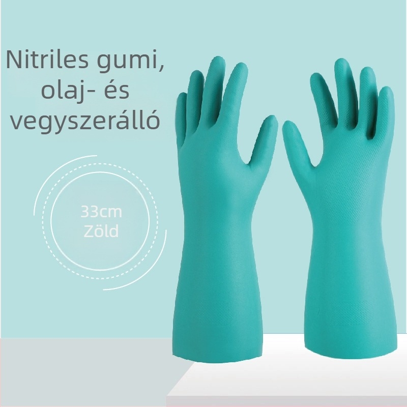 Olajálló nitril kesztyűk ipari felhasználásra, sav- és lúgálló, vastagított zöld nitril kesztyűk
