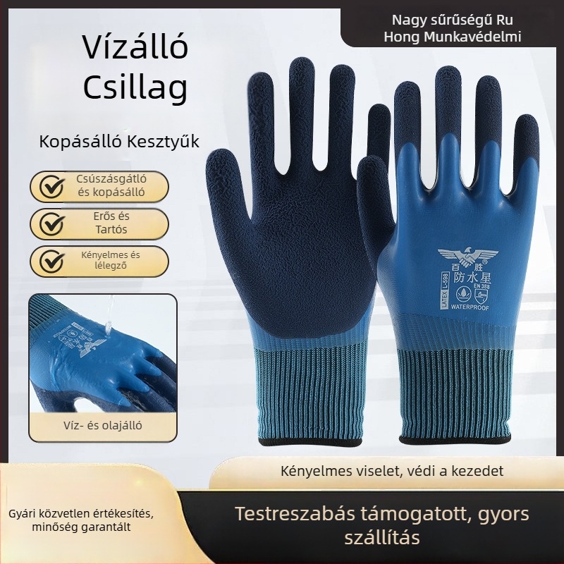 Vízálló, kopásálló munkakesztyűk olajálló, csúszásmentes markolattal, ipari, logisztikai, autókereskedés-szerelői, élelmiszer-feldolgozási, mezőgazdasági és vízi tevékenységekhez