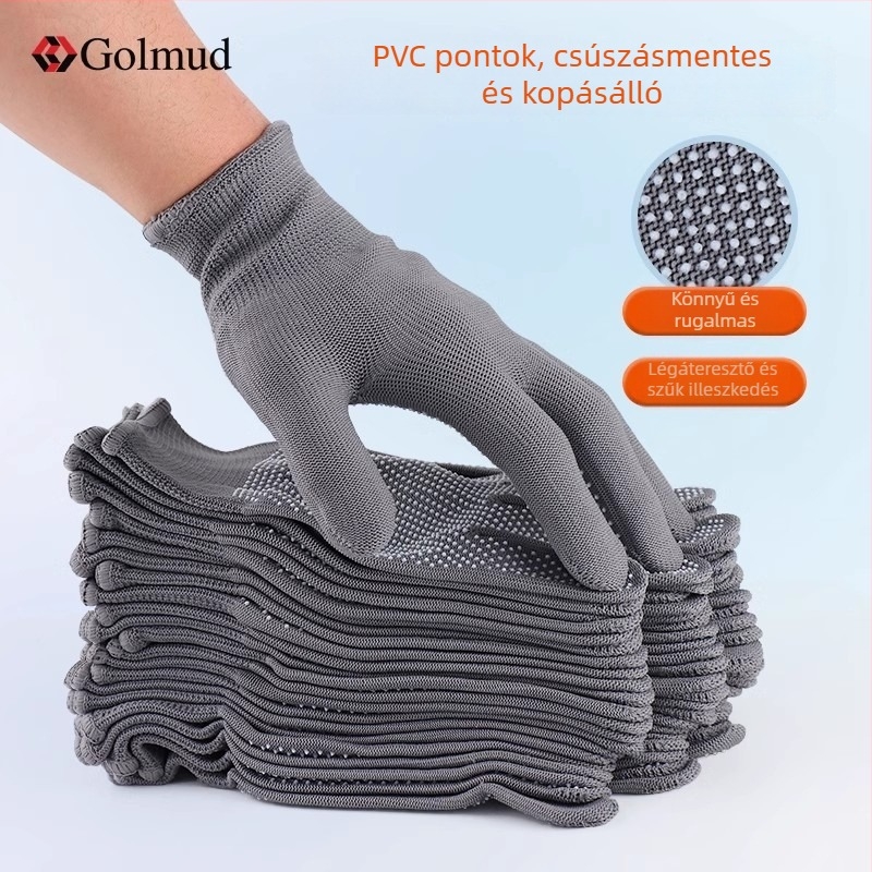 GM618 PVC pöttyös védőkesztyű, csúszásmentes, légáteresztő, vékony, kémiai ellenálló, 12 pár/csomag