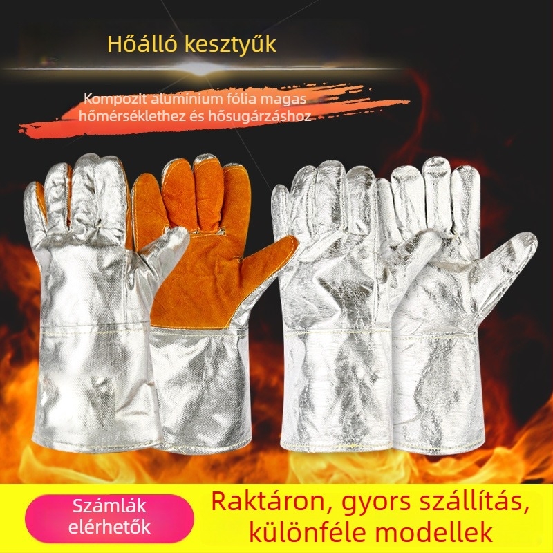 Alumíniumfóliából készített hőszigetelő kesztyűk, magas hőmérséklet-állóság, tűzálló, ipari felhasználású az olvasztáshoz, öt ujjs védelem, 1000°C-ig