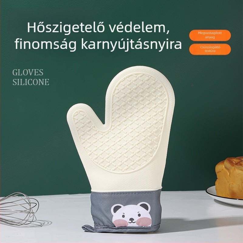 Konyhai szilikon kesztyűk égésvédelmi funkcióval, hőálló, vastagított, vízálló és csúszásmentes, sütő és mikrosütő használatra