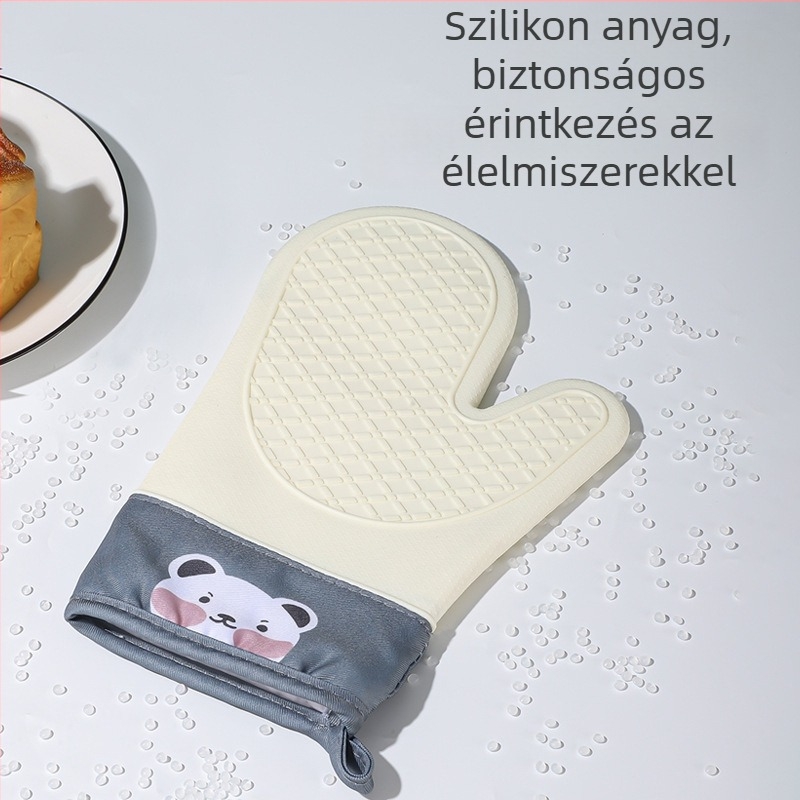 Konyhai szilikon kesztyűk égésvédelmi funkcióval, hőálló, vastagított, vízálló és csúszásmentes, sütő és mikrosütő használatra
