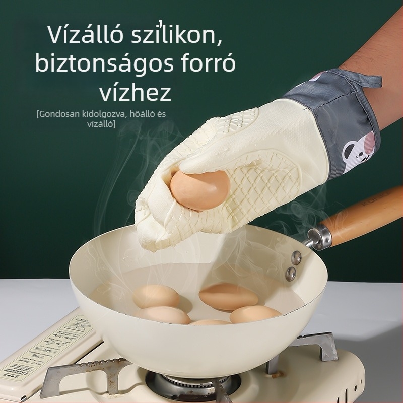 Konyhai szilikon kesztyűk égésvédelmi funkcióval, hőálló, vastagított, vízálló és csúszásmentes, sütő és mikrosütő használatra