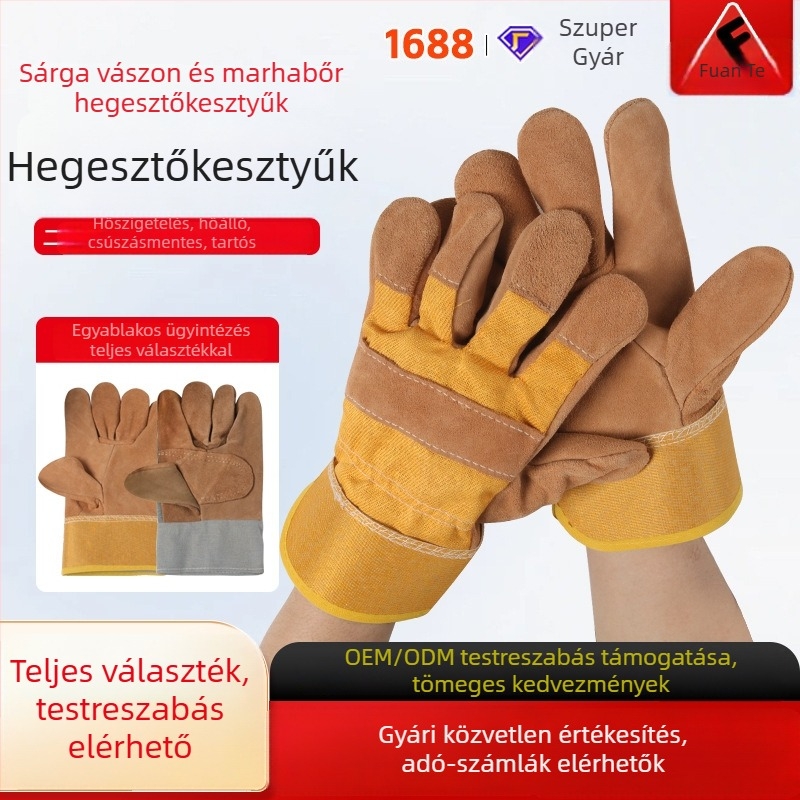 Hegesztő kesztyűk, két réteg marhabőrből, sárga vászon belső, rövid csuklórész, hőszigetelt, kopásálló, megerősített