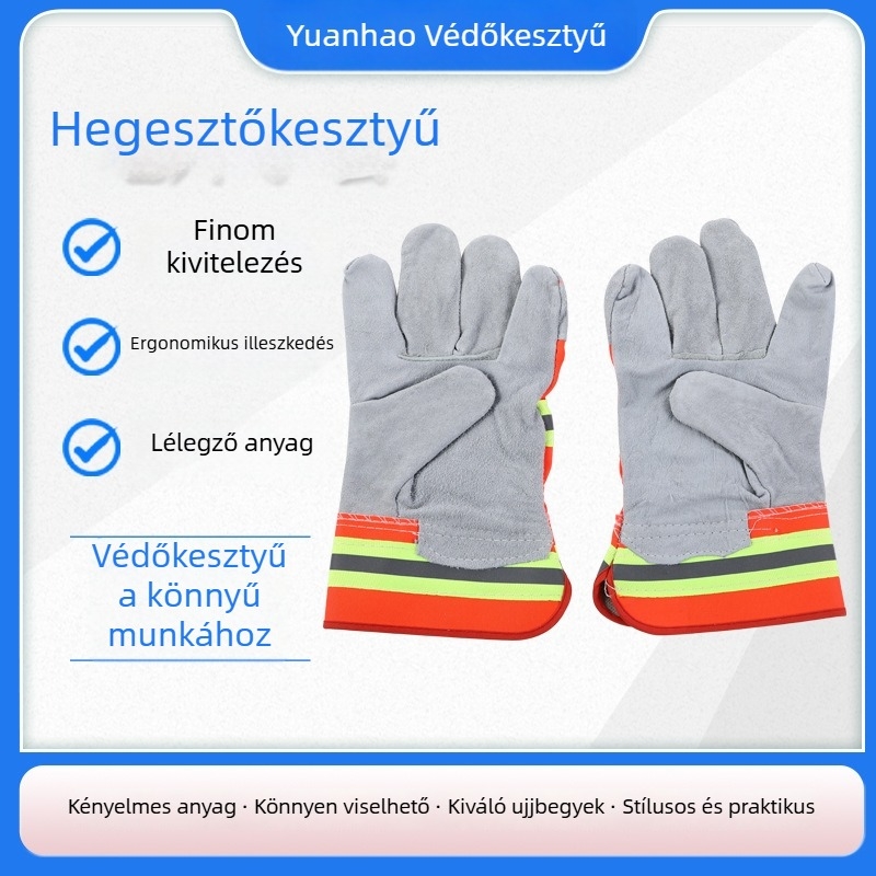 Fluoreszcens csíkos hegesztő kesztyűk, szigetelt bőr kesztyűk kültéri munkához és kertészkedéshez