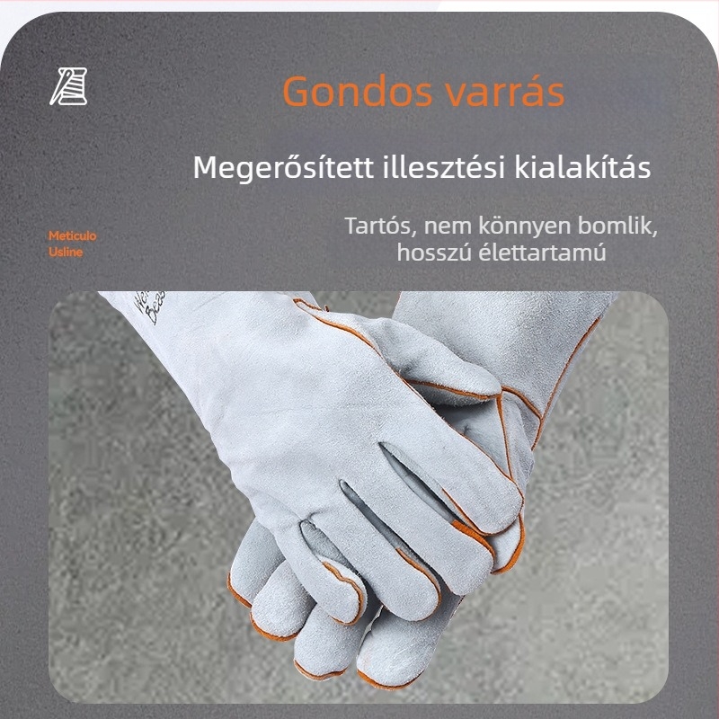 Kétrétegű marhabőrből készült hegesztőkesztyű bélésével, hőálló és kopásálló.