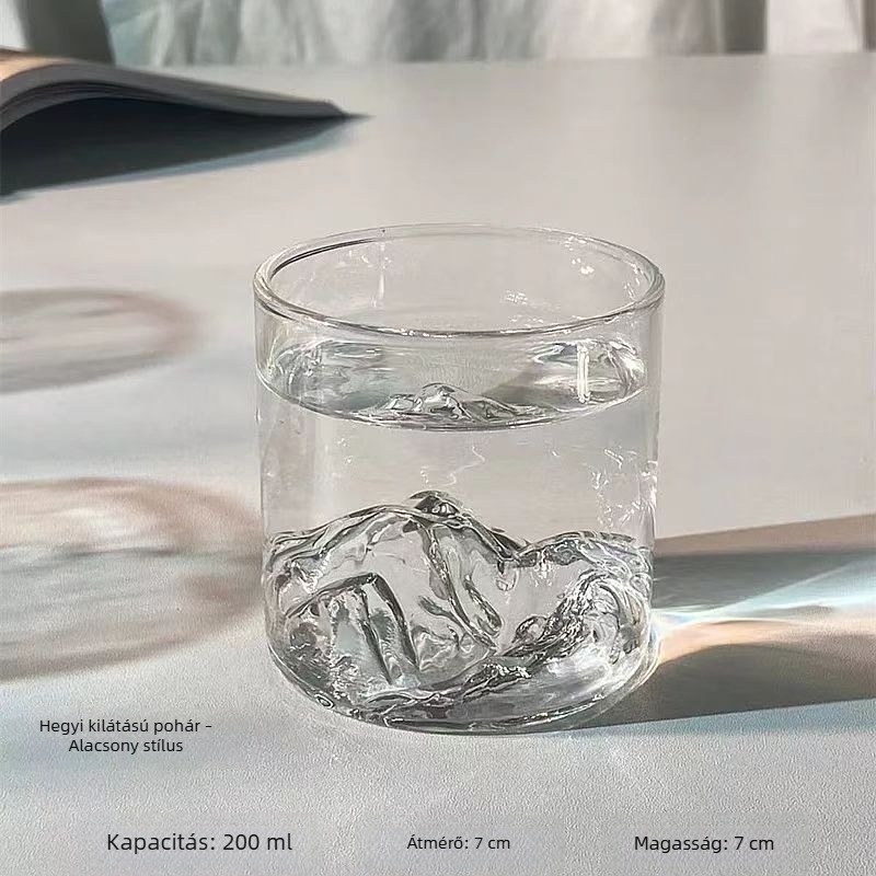 Egyrétegű boroszilikát üveg teáscsésze, fogantyúval, hegyi kilátás mintával, gleccser mintázat, hőálló