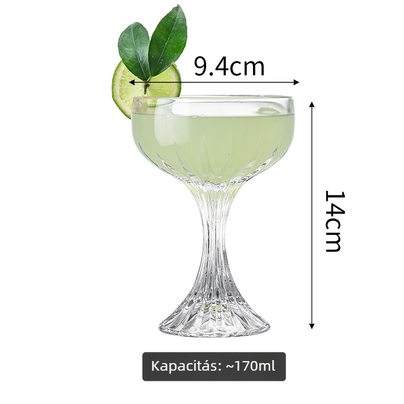 Gravírozott kristály pohár, magas lábú pezsgő- és koktélpohár, elegáns
