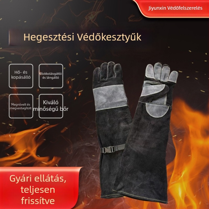60 cm hosszú, vastagított tehénbőr hegesztőkesztyűk, hőálló és magas hőmérséklet-állóságú, védő és kopásálló munka kesztyűk hegesztők számára